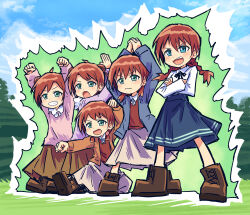 Rule 34 | 5girls, :d, :o, ahoge, aura, bad id, bad twitter id, blue eyes, blue skirt, boots, braid, brown footwear, brown hair, brown skirt, brown sweater vest, bullfalk, closed mouth, collared shirt, commentary request, crossed arms, double bun, emma verde, emma verde&#039;s siblings, freckles, frown, grey skirt, grin, hair bun, highres, long hair, love live!, love live! nijigasaki high school idol club, low twin braids, low twintails, medium hair, medium skirt, multiple girls, neck ribbon, open mouth, pink sweater, purple sweater, ribbon, shirt, siblings, sisters, skirt, smile, standing, sweater, sweater vest, twin braids, twintails, v-shaped eyebrows, white shirt