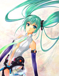 Rule 34 | 1girl, anti-gravity, elbow gloves, female focus, floating, gloves, gradient background, gravity, green eyes, green hair, hatsune miku, hatsune miku (append), highres, long hair, mao1985, matching hair/eyes, navel, necktie, solo, twintails, vocaloid, vocaloid append