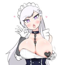 Rule 34 | 1girl, areola slip, azur lane, belfast (azur lane), between breasts, blush, braid, breasts, chain, chain between breasts, cleavage, collar, covered erect nipples, drooling, fellatio gesture, frills, gloves, head tilt, heart, heart-shaped pupils, heart pasties, large breasts, long hair, looking at viewer, madoro, maid, maid headdress, one breast out, open mouth, pasties, purple eyes, silver hair, simple background, smile, solo, symbol-shaped pupils, teeth, tongue, tongue out, upper body, white background, white gloves