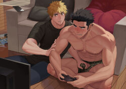 Rule 34 | 2boys, abs, bara, black hair, black pants, black shirt, blonde hair, blush, bulge, camouflage male underwear, concentrating, controller, crotch grab, dainyuu (dgls), erection, erection under clothes, game controller, groping, holding, holding controller, indian style, joystick, large pectorals, male focus, multiple boys, muscular, muscular male, navel, nipples, original, pants, pectorals, playing games, shirt, short hair, shy, sitting, yaoi