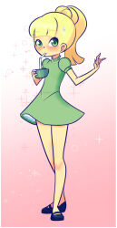 Rule 34 | 1girl, applejack, black footwear, blonde hair, blush, cup, drantyno, dress, drinking, drinking straw, flat chest, gradient background, green dress, green eyes, hasbro, highres, holding, long hair, looking at viewer, mary janes, my little pony, my little pony: equestria girls, my little pony: friendship is magic, pink background, ponytail, puffy sleeves, shoes, short sleeves, sparkle, standing, sweatdrop