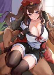 Rule 34 | 1boy, 1girl, absurdres, black shorts, black thighhighs, blue eyes, breasts, brown hair, cleavage, clothed female nude male, female commander (girls&#039; frontline), girls&#039; frontline, hetero, highres, indoors, jacket, large breasts, long hair, long sleeves, mr.zhuo, no shoes, nude, parted lips, red jacket, shirt, shorts, side ponytail, solo focus, teeth, termichan (not-a-bot), thighhighs, thighs, white shirt