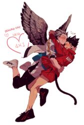 Rule 34 | 2boys, animal ears, arm around waist, arms around neck, bangoul, black hair, black pants, black sleeve cuffs, blue shirt, blush, bokuto koutarou, cat ears, cat tail, closed eyes, closed mouth, commentary, couple, dated, english text, feathered wings, grey hair, haikyuu!!, hand on another&#039;s head, heart, hug, jacket, korean commentary, korean text, kuroo tetsurou, laughing, male focus, multicolored clothes, multicolored hair, multiple boys, open mouth, own hands together, pants, red shorts, school uniform, shirt, shoes, shorts, simple background, sleeve cuffs, sneakers, sportswear, tail, teeth, two-tone hair, undershirt, upper teeth only, volleyball uniform, white background, white footwear, white jacket, wings, yaoi