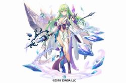 Rule 34 | 1girl, artist request, blue eyes, boots, breasts, capelet, cleavage, full body, gemini seed, gloves, green hair, hair between eyes, holding, holding weapon, long hair, looking at viewer, official art, outstretched hand, simple background, solo, standing, water drop, watermark, weapon, white bag