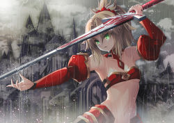 Rule 34 | 1girl, arm up, bandeau, blonde hair, braid, breasts, castle, clarent (fate), cloud, cloudy sky, commentary request, detached collar, detached sleeves, fate (series), fog, french braid, glowing, glowing eyes, green eyes, hair ornament, hair scrunchie, holding, holding sword, holding weapon, medium breasts, midriff, mordred (fate), mordred (fate/apocrypha), navel, open mouth, outdoors, outstretched arm, ponytail, rain, scrunchie, sky, solo, standing, suishougensou, sword, water, water drop, weapon, wet