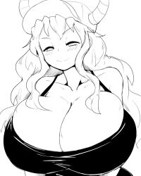 Rule 34 | 1girl, baseball cap, blush, breasts, cleavage, collarbone, dragon girl, dragon horns, hat, highres, horns, huge breasts, kobayashi-san chi no maidragon, long hair, looking at viewer, monochrome, lucoa (maidragon), sketch, smile, solo, tank top, thecon, white background