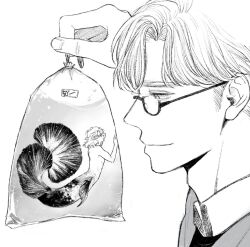 Rule 34 | 2boys, air bubble, bag, bagged fish, bubble, eye contact, fish, from side, glasses, greyscale, hand up, highres, holding, in bag, in container, korean commentary, looking at another, looking away, male focus, merman, monochrome, monster boy, multiple boys, original, plastic bag, profile, sae sae, short hair, simple background, size difference, smile, submerged, water