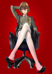 Rule 34 | 10s, 1boy, akechi gorou, arm behind head, bad id, bad pixiv id, brown hair, chair, crossdressing, crossed legs, from below, gloves, high heels, lipstick, looking at viewer, makeup, male focus, mitsuha (bless blessing), necktie, office chair, pale skin, pantyhose, persona, persona 5, red background, red eyes, short hair, simple background, sitting, solo, swivel chair, trap, uniform