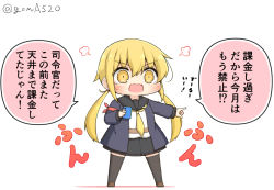 Rule 34 | 1girl, armband, black jacket, black sailor collar, black skirt, black thighhighs, blonde hair, cellphone, chibi, commentary request, full body, goma (yoku yatta hou jane), jacket, kantai collection, long hair, neckerchief, open mouth, phone, pleated skirt, sailor collar, satsuki (kancolle), satsuki kai ni (kancolle), school uniform, serafuku, simple background, skirt, solo, standing, thighhighs, translation request, twintails, twitter username, wavy mouth, white background, yellow neckerchief