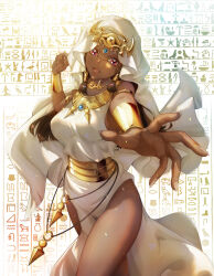 1girl absurdres ancient_egyptian bare_shoulders breasts bright_pupils brown_hair chinese_commentary curled_fingers dark-skinned_female dark_skin dot_nose dress duel_monster eye_of_horus gold_armlet hair_tubes hand_up hieroglyphics highres ishizu_ishtar jewelry long_hair looking_at_viewer lower_teeth_only medium_breasts millennium_necklace open_mouth red_eyes shadow solo sparkle teeth thighs tostarin white_dress yu-gi-oh! yu-gi-oh!_duel_monsters