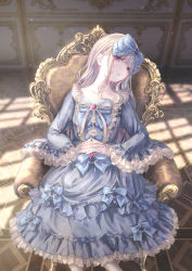 Rule 34 | 1girl, armchair, blue bow, blue dress, bow, chair, collarbone, commentary request, dress, frilled dress, frills, grey hair, hair bow, highres, indoors, interlocked fingers, lolita fashion, long hair, long sleeves, looking at viewer, missile228, on chair, original, own hands together, pantyhose, parted lips, purple eyes, sitting, solo, white pantyhose, wide sleeves