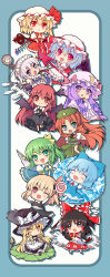 Rule 34 | 6+girls, :&lt;, arm up, bad id, bad pixiv id, bat wings, blonde hair, blue dress, blue eyes, blue hair, blush stickers, book, bow, braid, broom, brown hair, candy, capelet, chibi, chinese clothes, cirno, closed eyes, daiyousei, detached sleeves, dress, embodiment of scarlet devil, eva200499, fairy wings, fangs, flandre scarlet, food, framed, gohei, green hair, hair bow, hair ribbon, hair tubes, hakurei reimu, hat, hat ribbon, head wings, highres, hong meiling, ice, izayoi sakuya, kirisame marisa, knife, koakuma, laevatein, lollipop, long hair, long sleeves, maid, maid headdress, multiple girls, one eye closed, open mouth, over shoulder, patchouli knowledge, pocket, pout, puffy sleeves, purple eyes, purple hair, red dress, red eyes, remilia scarlet, ribbon, rumia, shirt, short hair, short sleeves, siblings, side ponytail, side slit, silver hair, sisters, skirt, skirt set, smile, spear the gungnir, spell card, star (symbol), striped clothes, striped dress, throwing knife, touhou, twin braids, very long hair, vest, weapon, wings, wink, witch, witch hat, yellow eyes