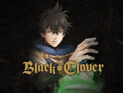 Rule 34 | 1boy, black clover, black hair, book, capelet, cover, dvd cover, expressionless, floating, floating book, floating object, fur trim, grimoire, hand up, highres, long bangs, looking at viewer, male focus, official art, parted lips, short hair, solo, tabata yuuki, upper body, yellow capelet, yellow eyes, yuno (black clover)