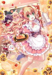 Rule 34 | 3girls, alternate costume, apron, bird, black hair, blonde hair, bow, bowtie, braid, breasts, brown eyes, chibi, commentary request, crown braid, detached collar, dress, enmaided, flower, food, frilled dress, frills, fruit, green eyes, hair between eyes, hair ornament, hair ribbon, heart, highres, holding, holding plate, holding teapot, ice, layered dress, leg up, light brown hair, long hair, looking at viewer, maid, multiple girls, orange (fruit), original, plate, red dress, red eyes, ribbon, sakurano ru, short sleeves, sidelocks, small breasts, strawberry, striped clothes, striped legwear, striped thighhighs, stuffed animal, stuffed toy, sunflower, teapot, thighhighs, vertical-striped clothes, vertical-striped thighhighs, waist apron, wavy hair
