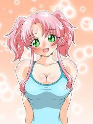 Rule 34 | 1girl, alternate hairstyle, arms behind back, blush, breasts, cleavage, gradient background, green eyes, highres, inabakun00, large breasts, long hair, looking at viewer, open mouth, original, pink hair, rio (inaba), smile, solo, standing, tank top, twintails, upper body
