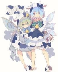 Rule 34 | 2girls, animal costume, animal ears, animal print, black bow, black dress, bloomers, blue eyes, blue hair, blue neckwear, blush stickers, bottle, bow, bowtie, chinese zodiac, cirno, commentary, cow costume, cow ears, cow hood, cow horns, cow print, daiyousei, detached wings, dress, fairy wings, full body, green eyes, green hair, green neckwear, highres, hood, hood up, horns, ice, ice wings, long hair, looking at viewer, milk bottle, multiple girls, neck bell, nikorashi-ka, short hair, simple background, slippers, smile, symbol-only commentary, touhou, underwear, white background, white dress, wings, year of the ox, yellow bow