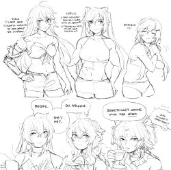 Rule 34 | 6+girls, ^ ^, absurdres, ahoge, bandeau, bare arms, bare shoulders, bronya rand, character name, closed eyes, commentary, cone hair bun, crop top, cup, eclair (lleacre), forehead jewel, fu xuan (honkai: star rail), ganyu (genshin impact), genshin impact, hair bun, hair ornament, hairclip, hand on own hip, highres, holding, holding cup, honkai: star rail, honkai (series), keqing (genshin impact), long hair, looking at viewer, midriff, monochrome, multiple girls, navel, qingque (honkai: star rail), seele (honkai: star rail), shirt, short shorts, shorts, sleeveless, sleeveless shirt, smile, stomach, thought bubble, twintails, very long hair, yuri