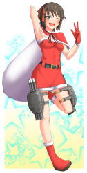 Rule 34 | 10s, 1girl, :d, alternate costume, arm up, armpits, boots, brown eyes, brown hair, capelet, christmas, dress, fur trim, gloves, hair ribbon, hat, highres, kantai collection, leg up, looking at viewer, machinery, miyuki (kancolle), one eye closed, open mouth, red dress, red footwear, red gloves, ribbon, sack, santa boots, santa costume, santa hat, short hair, smile, solo, star (symbol), starry background, thigh strap, tks (526tks), w