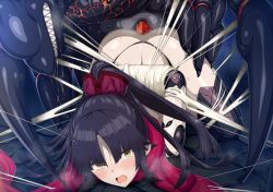 Rule 34 | 1girl, arms behind back, ass, bare shoulders, bestiality, black hair, blush, breasts, bug, fate/grand order, fate (series), hetero, horosuke, joints, katou danzou (fate), long hair, looking at viewer, mechanical arms, monster, open mouth, parted bangs, penis, ponytail, red scarf, restrained, robot joints, scarf, sex, silk, spider, spider web, teeth, thighs, top-down bottom-up, yellow eyes