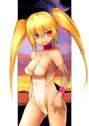 Rule 34 | 1girl, beach, blonde hair, breasts, choker, detached sleeves, fang, hand on thigh, kamitsurugi ouka, leotard, long hair, looking at viewer, original, red eyes, smile, solo, sunset, twintails