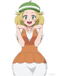Rule 34 | 1girl, :d, beret, bianca (pokemon), blonde hair, creatures (company), game freak, green eyes, green hat, hands up, hat, heart arms, kijouyu, nintendo, open mouth, pokemon, pokemon (anime), pokemon bw (anime), short hair, short sleeves, smile, solo, white background, wide hips