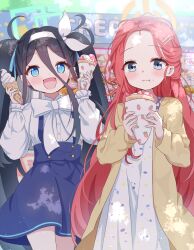 2girls :d absurdres aris_(blue_archive) black_hair blue_archive blue_eyes blue_skirt bow bowtie casual commentary_request crepe day dress eating food forehead hair_between_eyes hair_ornament hairband hairclip halo highres holding holding_crepe holding_food ice_cream ice_cream_crepe long_hair long_hair_between_eyes long_sleeves looking_at_viewer mikumiku37 miniskirt multiple_girls open_mouth outdoors red_hair robe shirt skirt smile twintails very_long_hair white_dress white_hairband white_shirt yellow_robe yuzu_(blue_archive)