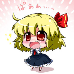 Rule 34 | 1girl, bad id, bad pixiv id, black skirt, blonde hair, blush, chibi, drooling, embodiment of scarlet devil, fang, female focus, frilled skirt, frills, gradient background, hair ribbon, hand to own mouth, noai nioshi, open mouth, red eyes, ribbon, rumia, shirt, short hair, skirt, skirt set, smile, solo, sparkle, touhou, translation request, white background