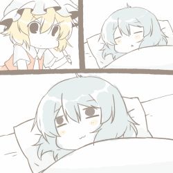 Rule 34 | 2girls, :&lt;, :3, bad id, bad pixiv id, blonde hair, blue hair, blush, blush stickers, chibi, comic, eiri (eirri), closed eyes, drawing on another&#039;s face, female focus, flandre scarlet, hat, marker (medium), multiple girls, open mouth, prank, remilia scarlet, siblings, side ponytail, silent comic, sisters, sleeping, touhou, traditional media