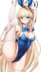Rule 34 | 1girl, animal ears, blonde hair, blue archive, blue eyes, blue leotard, bow, bowtie, breasts, cameltoe, detached collar, fake animal ears, gu luco, halo, highres, leg up, leotard, long hair, looking at viewer, medium breasts, official alternate costume, playboy bunny, rabbit ears, solo, split, standing, standing on one leg, standing split, strapless, strapless leotard, thighhighs, toki (blue archive), toki (bunny) (blue archive), v, very long hair, white thighhighs, wrist cuffs