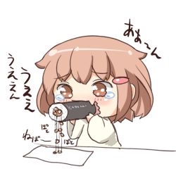 Rule 34 | 10s, 1girl, alternate costume, brown eyes, brown hair, commentary request, eating, ehoumaki, fang, food, gale kawaii, hair ornament, hairclip, ikazuchi (kancolle), kantai collection, long sleeves, makizushi, nattou, partially translated, short hair, simple background, skin fang, solo, sushi, tears, translation request, wavy mouth, white background, aged down