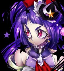Rule 34 | 1girl, black background, black hat, cure magical, hat, izayoi liko, long hair, looking away, magical girl, mahou girls precure!, mini hat, mini witch hat, precure, purple eyes, purple hair, senmu (0107), serious, solo, star (symbol), upper body, witch hat