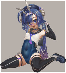 Rule 34 | 1girl, absurdres, ahoge, alternate costume, animal ear hairband, animal ears, black sailor collar, black thighhighs, blue bow, blue bowtie, blue eyes, blue footwear, blue hair, blue one-piece swimsuit, border, bow, bowtie, breasts, collarbone, commentary request, covered navel, cropped shirt, detached collar, detached sleeves, fake animal ears, fang, full body, glasses, gloves, gradient hair, grey background, hair flip, hair ornament, hairband, hairclip, hand up, hat, highres, legwear garter, long hair, looking at viewer, low twintails, mini bowtie, multicolored hair, nontraditional playboy bunny, one-piece swimsuit, otomachi una, outside border, purple hair, rabbit ear hairband, rabbit ears, rustycork, sailor collar, sailor hat, sailor shirt, semi-rimless eyewear, shirt, shoes, sitting, skin fang, skindentation, sleeveless, sleeveless shirt, small breasts, smile, solo, sparkle, streaked hair, swimsuit, thick thighs, thighhighs, thighs, twintails, vocaloid, wariza, white border, white gloves, white hair, white hairband, white shirt, wrist cuffs