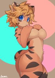 Rule 34 | 1girl, animal ears, ass, blonde hair, blue eyes, body fur, borrowed character, breasts, claws, covering privates, female focus, fu-chan, furry, furry female, hair ornament, highres, large breasts, looking at viewer, nude, orange fur, original, ryuusui arumo, short hair, solo, tail, tiger ears, tiger tail, x hair ornament