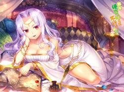 Rule 34 | &gt;:), 1girl, armlet, bangle, bare shoulders, barefoot, bed, black lips, book, bracelet, breasts, candlestand, canopy bed, capura lin, cleavage, closed mouth, collarbone, detached sleeves, diadem, dress, eyeshadow, gold trim, hair intakes, head chain, head rest, ink, ink bottle, jewelry, large breasts, light purple hair, lipstick, long hair, long sleeves, looking at viewer, lying, makeup, nail polish, on bed, on side, open book, original, petals, pillow, quill, red eyes, red nails, side slit, smile, solo, translation request, v-shaped eyebrows, white dress, wide sleeves