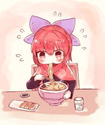 Rule 34 | 1girl, blush, bow, bowl, chair, chopsticks, eating, flying sweatdrops, food, glass, hair bow, nakukoroni, noodles, plate, purple bow, red eyes, red hair, sekibanki, short hair, sitting, solo, touhou