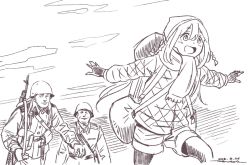 Rule 34 | 1girl, 2boys, :d, backpack, bag, brown theme, coat, dated, fingerless gloves, gloves, gun, helmet, horikou, jacket, kagamihara nadeshiko, long sleeves, military, military jacket, military uniform, monochrome, multiple boys, open mouth, outstretched arms, pantyhose, pantyhose under shorts, real life, rifle, scarf, shorts, signature, smile, soldier, soviet, soviet army, spread arms, tent, uniform, weapon, yurucamp