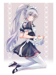 Rule 34 | 1girl, absurdres, alternate costume, apron, black dress, blue eyes, bow, commentary request, dress, earrings, enmaided, frilled apron, frilled thighhighs, frills, highres, iesupa, jewelry, long hair, maid, maid apron, maid headdress, mary janes, puffy short sleeves, puffy sleeves, rwby, scar, scar across eye, scar on face, shoes, short sleeves, side ponytail, solo, thighhighs, waist apron, weiss schnee, white apron, white hair, white thighhighs, wrist cuffs