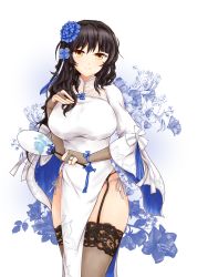 Rule 34 | 1girl, black hair, blue ribbon, blush, breasts, bridal gauntlets, brown gloves, brown thighhighs, china dress, chinese clothes, closed mouth, covered mouth, dress, flower, garter straps, girls&#039; frontline, gloves, groin, hair between eyes, hair flower, hair ornament, hairband, hand fan, head tilt, high heels, highres, holding, holding fan, lace, lace-trimmed legwear, lace trim, large breasts, leaning forward, leg ribbon, liulang no a qiang, long hair, looking at viewer, messy hair, mole, mole under eye, official alternate costume, panties, paper fan, pelvic curtain, pumps, ribbon, side-tie panties, sidelocks, smile, solo, standing, thighhighs, thighs, type 95 (girls&#039; frontline), type 95 (narcissus) (girls&#039; frontline), uchiwa, underwear, very long hair, white footwear, white panties, white ribbon, wide sleeves, wrist ribbon, yellow eyes