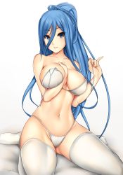 Rule 34 | 10s, 1girl, aoki hagane no arpeggio, arm between breasts, artist name, between breasts, blue eyes, blue hair, blush, bra, breasts, cleavage, collarbone, eyebrows, eyelashes, groin, hair between eyes, highres, large breasts, looking at viewer, matching hair/eyes, mole, mole under mouth, navel, open bra, panties, parted lips, pinky out, simple background, sitting, solo, stomach, takao (aoki hagane no arpeggio), teeth, thighhighs, tony guisado, underwear, underwear only, undressing, open bra, wariza, white background, white bra, white panties, white thighhighs
