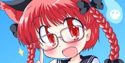 Rule 34 | 1girl, :d, alternate costume, animal ears, bespectacled, blush, bow, braid, cat ears, cat girl, extra ears, fang, female focus, geetsu, glasses, kaenbyou rin, open mouth, pink-framed eyewear, portrait, red eyes, red hair, school uniform, serafuku, smile, solo, touhou, twin braids, twintails