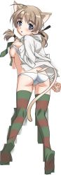 Rule 34 | 00s, 1girl, animal ears, ass, blue eyes, blush, braid, braided ponytail, breasts, brown hair, cat ears, cat tail, from behind, highres, large breasts, long hair, looking back, lying, lynette bishop, panties, shirt, sideboob, single braid, solo, strike witches, tail, thighhighs, underwear, world witches series