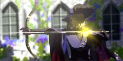 Rule 34 | 1boy, blonde hair, blue headwear, blue suit, blunt bangs, blurry, blurry background, bow (weapon), drawing bow, firing, formal, highres, holding, holding bow (weapon), holding weapon, magic, male focus, night raven college uniform, outdoors, plume, purple robe, robe, rook hunt, serori (koredemoka), solo, suit, twisted wonderland, upper body, weapon