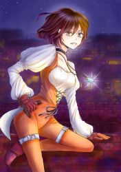 Rule 34 | 1girl, bodysuit, breasts, brown eyes, brown hair, choker, cleavage, commentary request, final fantasy, final fantasy ix, garnet til alexandros xvii, gloves, jewelry, karin (uzura 97), knife, looking at viewer, medium breasts, necklace, orange bodysuit, parted lips, short hair, smile, solo