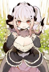 Rule 34 | 1girl, @ @, absurdres, arms up, black dress, boku no dokuhime wa kyou mo kawaii, bow, breasts, corset, detached sleeves, dress, european clothes, frilled dress, frills, grey hair, hair ornament, highres, large breasts, leaf, leaf on head, light purple hair, mole, mole on breast, monster girl, multicolored clothes, multicolored dress, plant, pointy ears, potted plant, red eyes, ribbon, sakutake (ue3sayu), scarf, side ponytail, tail, tail bow, tail ornament