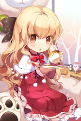 Rule 34 | 1girl, :o, blonde hair, blush, bow, capelet, celine hastur, child, cup, dress, gilse, holding, layered dress, long hair, lowres, open mouth, orange eyes, plate, polka dot, ribbon, sitting, solo, stuffed animal, stuffed toy, sword girls, teacup, tree, very long hair, wavy hair