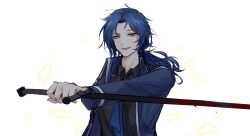 Rule 34 | 1boy, ascot, black shirt, blood, bloody weapon, blue ascot, blue coat, blue hair, chesed (project moon), coat, collared coat, collared shirt, highres, holding, holding sword, holding weapon, library of ruina, long hair, long sleeves, low ponytail, male focus, parted lips, project moon, ruiieru, shirt, simple background, smile, solo, sword, upper body, weapon, white background, yellow eyes