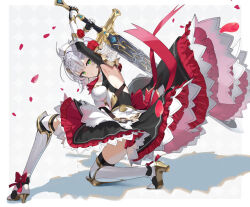 Rule 34 | 1girl, arm up, armor, armored dress, armpits, ascot, braid, breasts, elbow gloves, favonius greatsword (genshin impact), flower, gauntlets, genshin impact, gloves, greatsword, green eyes, grey hair, high heels, looking at viewer, maid, maid headdress, medium breasts, noelle (genshin impact), on one knee, petals, red ascot, red flower, red rose, revision, rose, scottie (phantom2), short hair, shoulder armor, solo, sword, thighhighs