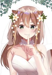 Rule 34 | 1girl, absurdres, animal ear fluff, animal ears, ayunda risu, breasts, bridal veil, bride, choker, cleavage, collarbone, dress, flower, green eyes, hair flower, hair ornament, highres, hololive, hololive indonesia, leaf hair ornament, looking at viewer, medium breasts, multicolored hair, parted lips, pointing, pointing up, si farid, smile, solo, squirrel ears, squirrel girl, squirrel tail, streaked hair, tail, veil, virtual youtuber, wedding dress, white background, white choker, white dress, white flower, white hair, yellow flower