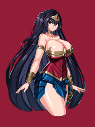 1girl armband armor azur_lane bare_shoulders black_hair blue_skirt breasts cleavage collarbone cosplay cropped_legs feet_out_of_frame gold_bracer gold_choker hair_between_eyes highres huge_breasts long_hair looking_at_viewer red_armor red_eyes rope skirt smile solo star_(symbol) superhero_costume taihou_(azur_lane) thighs tiara twintails very_long_hair wonder_woman wonder_woman_(cosplay) zer0z_vi