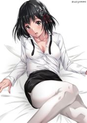 Rule 34 | 10s, 1girl, :o, bed sheet, black hair, black skirt, blush, breasts, brown eyes, buttons, cleavage, collared shirt, fingernails, haguro (kancolle), hair ornament, hair ribbon, hairclip, head tilt, jpeg artifacts, kantai collection, knee up, long sleeves, lying, medium breasts, on back, open mouth, pantyhose, pencil skirt, red ribbon, ribbon, sakiyamama, shirt, short hair, skirt, solo, white pantyhose, wing collar